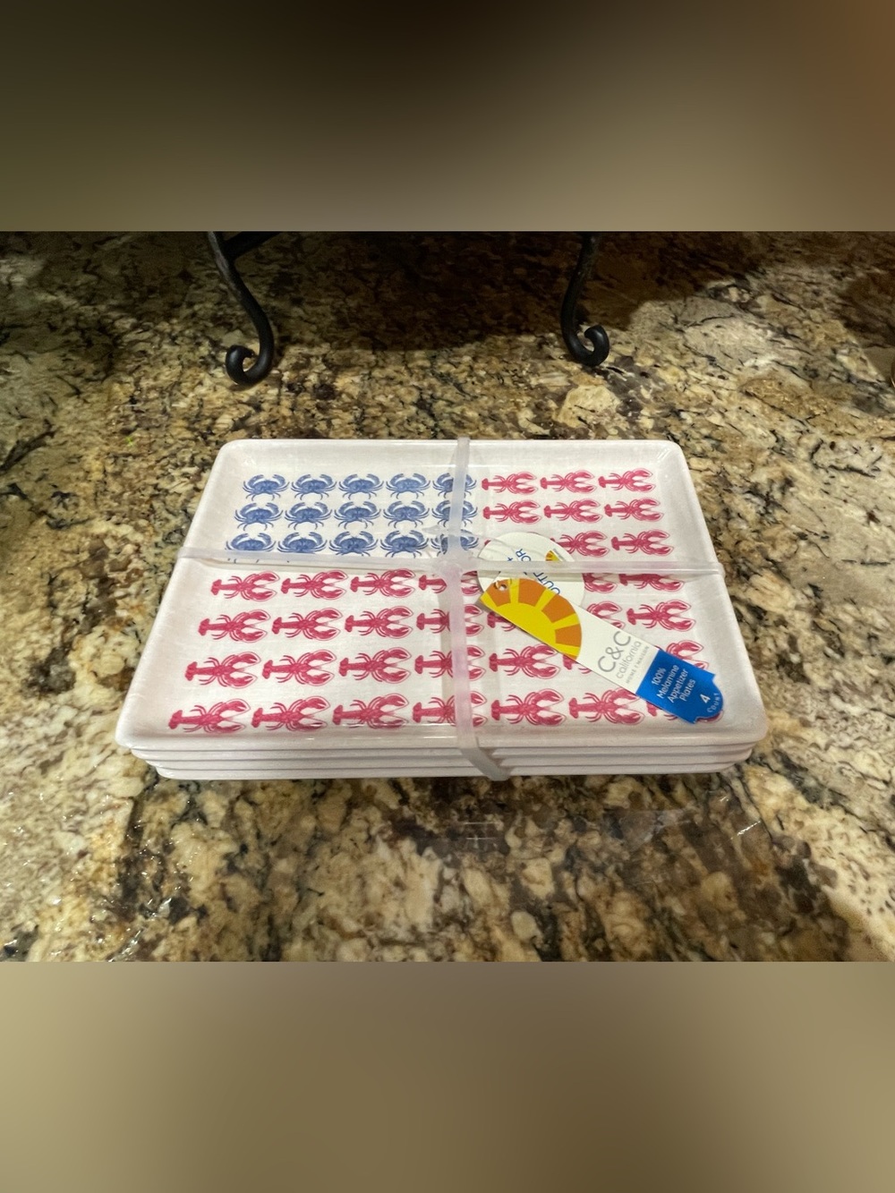 C&C California lobster and crab flag design melamine appetizer plate set - NEW